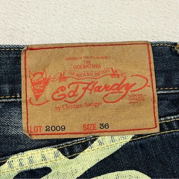 Vintage Ed Hardy Christian Audigier Biker Skull Distressed Denim Jeans Men 36x32 - Picture 6 of 9